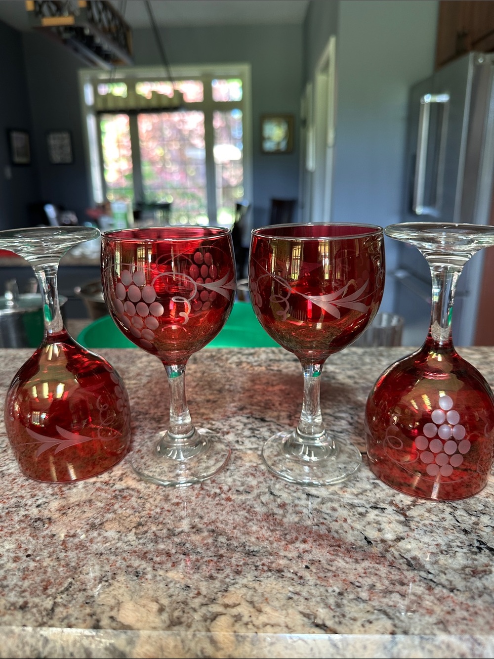 Vintage Red Etched Crystal Wine Glasses - Set of 4
